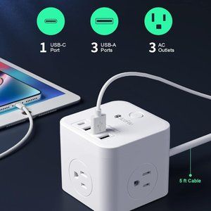2 pack Power Strip with 30W USB C & 3 USB A & 3 Outlets,5 ft Extension Cord 7in1